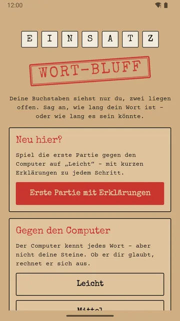 Startseite: Schriftzug EINSATZ aus Steinen mit Stempel „Wort-Bluff“, darunter „Neu hier?“ mit dem Knopf „Erste Partie mit Erklärungen“ und „Gegen den Computer“.
