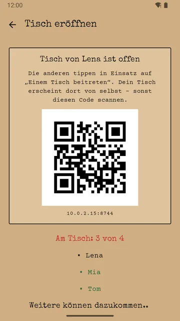 „Tisch von Lena ist offen“ mit QR-Code; am Tisch sitzen Lena, Mia und Tom.