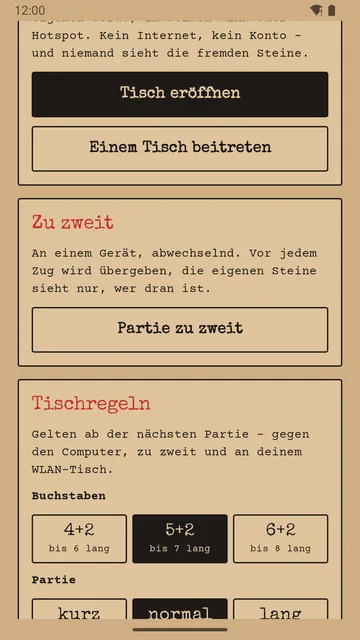 Knöpfe „Tisch eröffnen“, „Einem Tisch beitreten“ und „Partie zu zweit“, darunter die Tischregeln mit 4+2, 5+2 oder 6+2 Buchstaben.